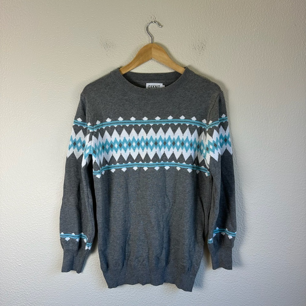 OXKNIT Sweater Mens L Grey Cotton Fair Isle Geometric Crewneck Knit Pullover